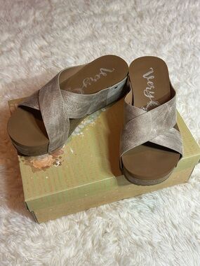 Very G Metallic Taupe Crisscross Wedge Slides